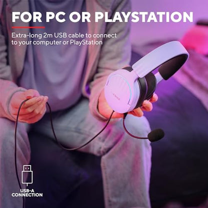 Trust Gaming GXT 490P Fayzo USB Gaming Headset 7.1 Surround Sound, 50mm Drivers, 35% Recycled Plastics, RGB Over-Ear Wired Headphones, with Noise Cancelling Microphone for PC PS5 - Purple - color: Purple, style: USB 7.1 Surround Sound
