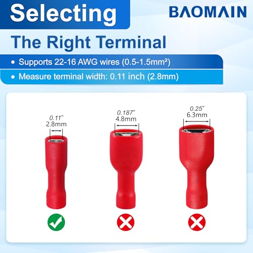 BAOMAIN 0.11" Fully Insulated Female Spade Terminals 22-16 AWG 200-Pack - size: Fully Insulated Female