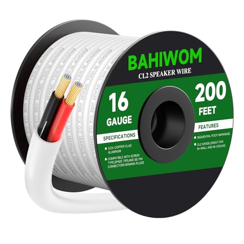 White Speaker Wire 16 Gauge 200FT CL2 Rated CCA Speaker Cable | Flexible PVC Jacket 2 Conductors Red & Black Polarity Mark for Home Theater,Indoor,In-Wall,In-Ceiling & Marine - size: 200 FT, style: 16GAUGE