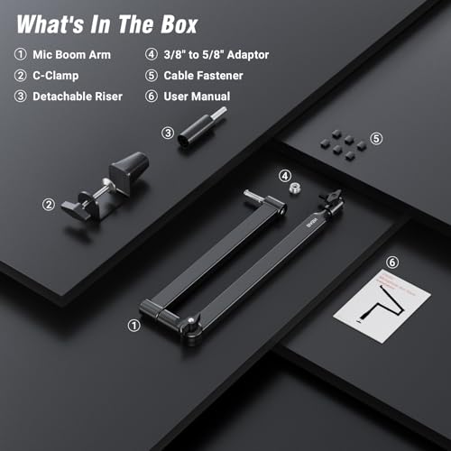 BASN Low Profile Microphone Boom Arm Stand with Desk Clamp - Rotatable & Storable Design, Cable Management Channel, 3/8" to 5/8" Thread Adapter for Podcast, Gaming, Streaming, Vocal Recording