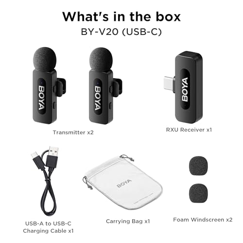BOYA BY-V20 USB-C Wireless Microphone for Android Type-C,iPhone 16/15,328FT Los Range,9H Battery,Noise Reduction Mini Wireless Lavalier Lapel Mics for Interview YouTube TikTok(2TX+1RX) - style: BY-V20(2TX+RXU)