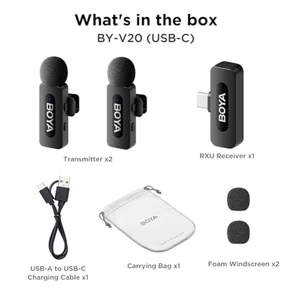 BOYA BY-V20 USB-C Wireless Microphone for Android Type-C,iPhone 16/15,328FT Los Range,9H Battery,Noise Reduction Mini Wireless Lavalier Lapel Mics for Interview YouTube TikTok(2TX+1RX) - style: BY-V20(2TX+RXU)