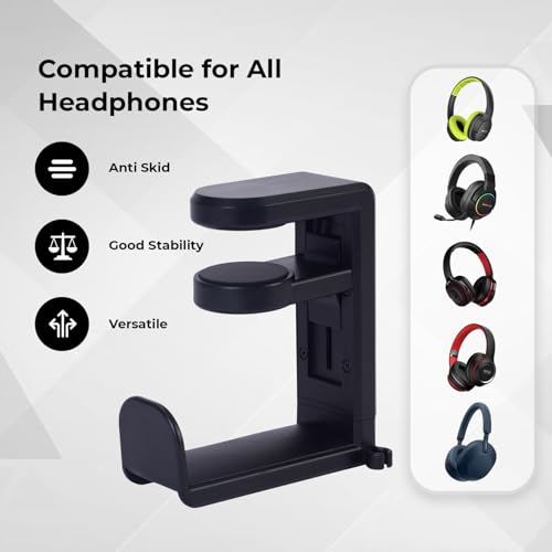 Headphone Stand for Desk - Clamp On Headset Holder with 360° Rotation & Cable Management - Universal Desktop Headphone Hanger Hook for All Headsets - color: Black, style: 360 Degree rotateable