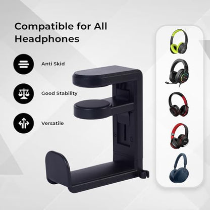 Headphone Stand for Desk - Clamp On Headset Holder with 360° Rotation & Cable Management - Universal Desktop Headphone Hanger Hook for All Headsets - color: Black, style: 360 Degree rotateable