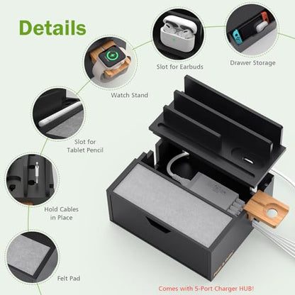 Pezin & Hulin Charging Station Dock with Charger HUB and Cables-Black | Nightstand Docking Station with Lined Tray & Drawer for Multi Device, Compatible with Tablet, Cell Phones, Watch & Earbuds - color: Black(With Charger)