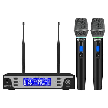 Debra Wireless Microphone System, UHF Dual Handheld Metal Mics with LCD Screen, 262ft Long Range, Cardioid Dynamic Mic for Clear Vocal, XLR/6.35mm Output for Karaoke, Party, Church, Live Performance