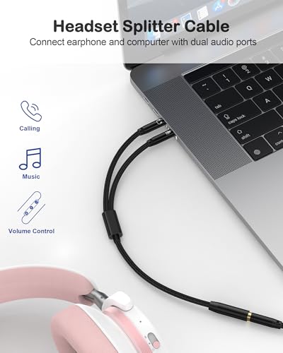 Headphone Mic Splitter for PC, 3.5mm TRRS Female to Dual Male TRS Adapter | 2-in-1 Braided Y Separator Aux Dongle Converters Audio Cable Cord for Headset Microphone Gaming Computer Speaker PC Laptop