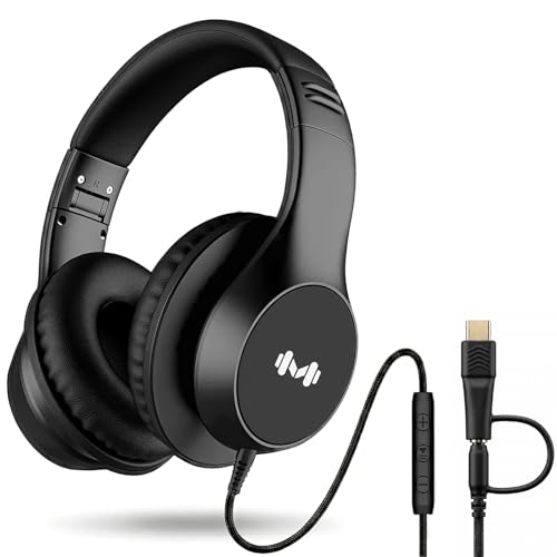 Wired Over-Ear Headphones, Mic, 3.5mm Jack, USB-C Adapter, Black | Foldable over-ear headphones with soft cushions, inline mic, 3.5mm jack, and USB-C adapter for school, office, and travel. - color: Black