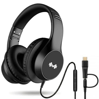 Wired Over-Ear Headphones, Mic, 3.5mm Jack, USB-C Adapter, Black | Foldable over-ear headphones with soft cushions, inline mic, 3.5mm jack, and USB-C adapter for school, office, and travel. - color: Black