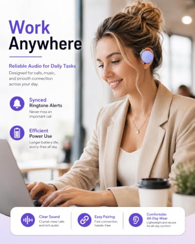 On Ear Headphones Bluetooth 5.4, Noise Cancelling Open Ear Headphones Wireless, Water-Drop Shaped Clip On Sport Headset Bluetooth with 4 Microphone, Comfort Fit Earphones with Long Battery Life - color: Light-Lavender