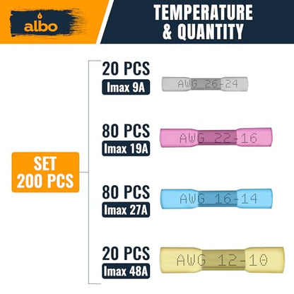 ALBO 200 Pcs Heat Shrink Butt Connectors for 26-10 AWG Electrical Wire | Strong Crimped Splices, Heat-Activated Seal Helps Block Moisture and Prevent Wire Pullout - color: Butt 200Pcs Set 26-10 AWG