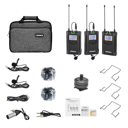 COMICA CVM-WM100PLUS UHF Wireless Lavalier Microphone for Camera Smartphone | 48 UHF Selectable Channel, Noise Cancellation, 160ft Stable Range, Dual Lapel Mic for YouTube TikTok Vlog Interview Stream