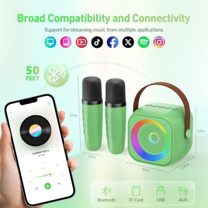 Mini Karaoke Machine：Portable Bluetooth Karaoke Microphone, Singing Speaker with 2 Wireless Mic and Light Kids Adults, Christmas Birthday Gifts for Girls Boys Family Home Party(Green) - color: Green