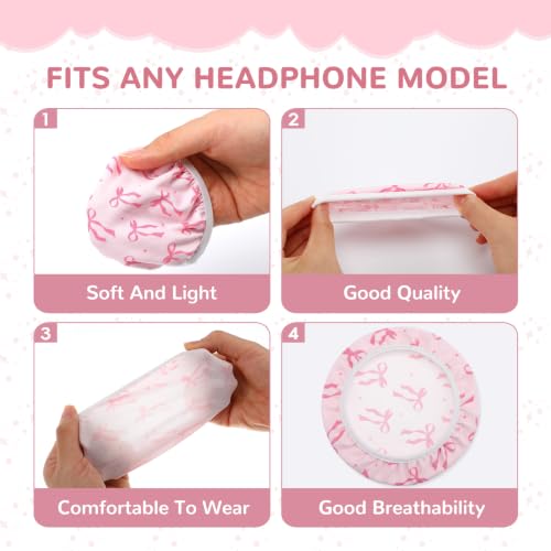 Fanfanwin 2 Pairs Pink Bow Flex Fabric Headphones Covers Stretchable Washable Ear Cup Protectors Sweat Resistant Ear Pad Sleeves Headphone Accessories for Gym Library Study Gaming 3.54inch - style: Pink Bow