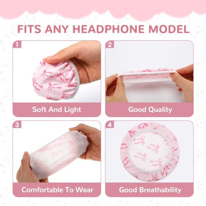 Fanfanwin 2 Pairs Pink Bow Flex Fabric Headphones Covers Stretchable Washable Ear Cup Protectors Sweat Resistant Ear Pad Sleeves Headphone Accessories for Gym Library Study Gaming 3.54inch - style: Pink Bow