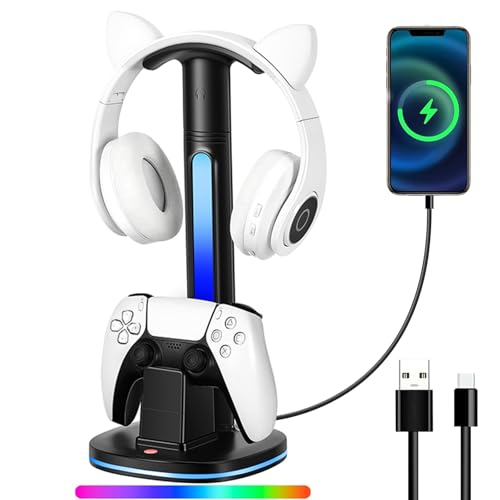 PS5 Controller Charging Dock with RGB Headphone Stand | 2-in-1, Dual USB Fast Charging Station, RGB LED Gaming Headset Stand, Multi-Functional Gaming Accessories