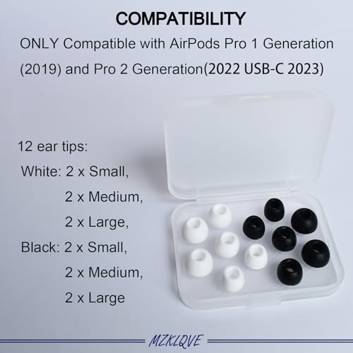 6 Pairs Replacement Ear Tips for AirPods Pro 1/2 Gen, Silicone Eartips with Noise Reduction Hole, White & Black S/M/L, Fit Charging Case