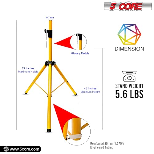 5 Core Speaker Stand Pair Universal Mount Steel Construction 132 Lb Capacity Stable Tripod w/Adjustable Height 72” w 35mm Compatible Insert Metal Safety Pin Included Bag - color: Yellow