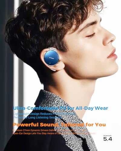 Micool Open Ear Headphones Bluetooth 5.4, Sport On Ear Headphones Wireless, Water-Drop Shaped Noise Cancelling Clip On Headset Bluetooth with Long Battery Life, Comfort Fit 4 Microphones Earphones - color: white&silver&light-blue