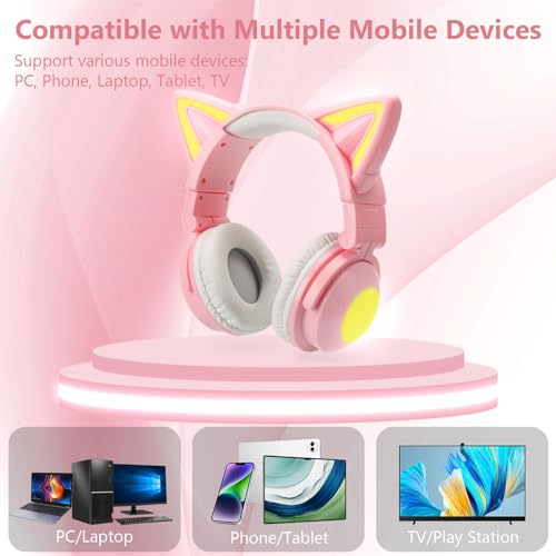 Cat Ear Bluetooth Headphones for Kids Adult, LED Gaming Headset | Toddler Girl Headphones, Bluetooth Over Ear Headphones with Microphone,Foldable,Phone/PC/Tablet/TV Compatible,Pink - color: Pink