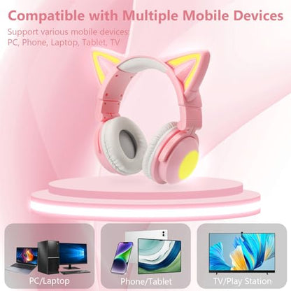 Cat Ear Bluetooth Headphones for Kids Adult, LED Gaming Headset | Toddler Girl Headphones, Bluetooth Over Ear Headphones with Microphone,Foldable,Phone/PC/Tablet/TV Compatible,Pink - color: Pink