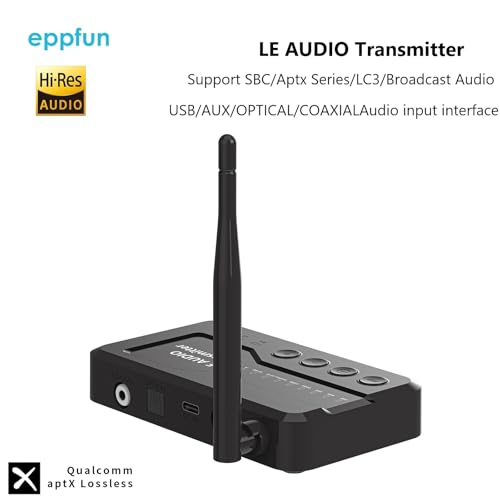 LE Audio Bluetooth 5.4 Transmitter for TV to Wireless Headphones, Auracast/Aptx Lossless/Adaptive Audio Bluetooth Adapter with AUX/RCA/Optical/Coaxial Audio Inputs, Plug n Play