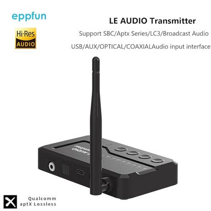LE Audio Bluetooth 5.4 Transmitter for TV to Wireless Headphones, Auracast/Aptx Lossless/Adaptive Audio Bluetooth Adapter with AUX/RCA/Optical/Coaxial Audio Inputs, Plug n Play