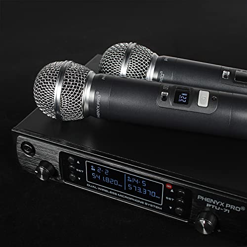Phenyx Pro Dual UHF Auto Scan Handheld Wireless Microphone System PTU-71-2H | 2 Dynamic Mics, 2 x 100 Frequencies, 328 ft Range, Live Vocals, Karaoke Events, Worship Services