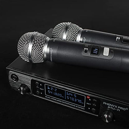 Phenyx Pro Dual UHF Auto Scan Handheld Wireless Microphone System PTU-71-2H | 2 Dynamic Mics, 2 x 100 Frequencies, 328 ft Range, Live Vocals, Karaoke Events, Worship Services