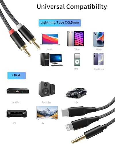 3-in-1 RCA Audio Cable Lightning USB C 3.5mm to 2 RCA | Compatible with iPhone Android Home Theater Car Stereo Speaker Amplifier 3.9FT RCA Cable for Audio Connection