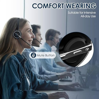 PrancyBt Wireless Headset with Noise Cancelling Microphone, Bluetooth Headset with Mic for Work, Wireless Headphones with Mute & USB Dongle for Work from Home/PC/Computer/Call Center