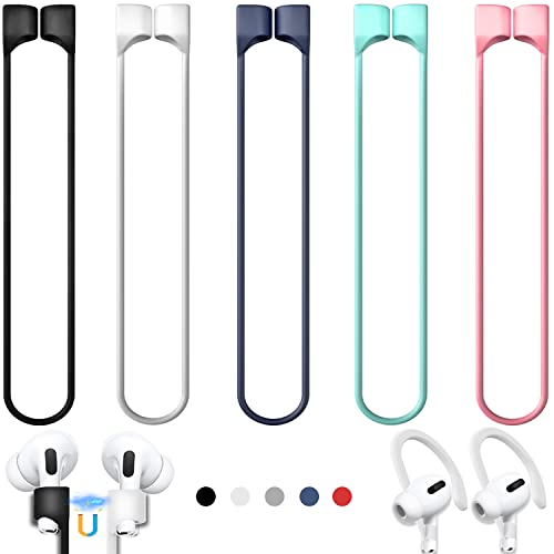 Mooyavia Ultra Strong Magnetic Anti-Lost Strap for AirPods Pro - 5 Color | Compatible with AirPods Pro 3/2/1 & AirPods 4/3/2/1,Soft Silicone Sport Neck Lanyard,with 1 Pairs Anti Lost Earhook - color: A2-black+white+dark Blue+green+pink