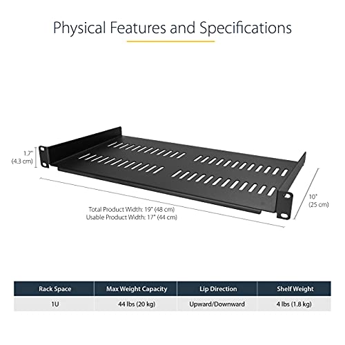StarTech.com 1U Server Rack Shelf - Vented Rack Mount Cantilever Tray for 19" Network Rack & Cabinet, 44lb/20kg, 10" Deep | Universal 19in fit, Network rack and cabinet, SPCC cold-rolled steel, Perforated airflow, Front-mounted tray - size: 10", style: si