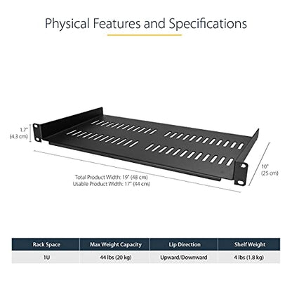 StarTech.com 1U Server Rack Shelf - Vented Rack Mount Cantilever Tray for 19" Network Rack & Cabinet, 44lb/20kg, 10" Deep | Universal 19in fit, Network rack and cabinet, SPCC cold-rolled steel, Perforated airflow, Front-mounted tray - size: 10", style: si