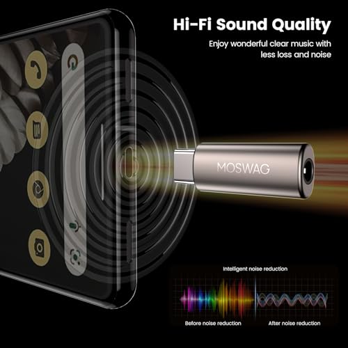 MOSWAG USB C to 3.5mm Audio Headphone Adapter, Typc C to 3.5mm Aux Adapter Zinc Alloy Adapter Compatible with iPhone 15 Plus/15 Pro Max Samsung GalaxyS23 S22 Plus, Ultra S21+, Pixel 7/6, Pad Pro 6 | High Resolution Zinc Alloy Hi-Fi Audio and Mic Converter