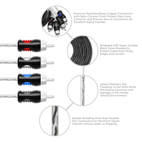 RECOIL PCI49 9ft 4-Channel RCA Audio Interconnects Cable Double Shielded | Premium 100% Oxygen Free Copper with Noise Reduction - size: 9ft