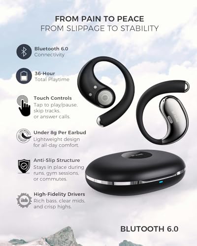 Open Ear Bluetooth Headphones, Ear Hook Headphones, Wireless Ear Buds | with Earhooks, Touch Control Earphones for Running, Hiking & Outdoors - color: Black