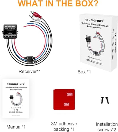 STUDIOFINIX Marine Bluetooth Receiver - IP67 Waterproof BT 5.3 Remote Wireless Connectivity, Stero Male RCA Output for Vehicle of Boat,UTV,ATV, Golf Carts,Motorcycles, Speakers