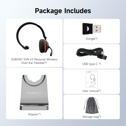 SVBONY SVN H1 Wireless Headset with Mic for Work | Bluetooth Headset with Joystick Mute and ENC Noise Cancelling,USB Dongle, Charging Base for Call Center, Computer