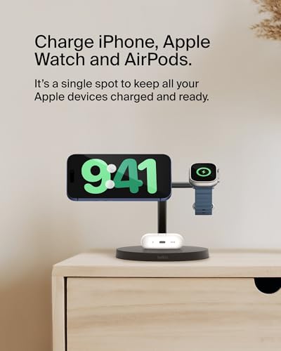 Belkin Qi2 15W Wireless Charging Station, 3 in 1 iPhone Charger | Fast Charging, MagSafe Compatible, iPhone 17/16/15, Apple Watch, AirPods, Travel Charger, Magnetic - color: Black, style: Matte Finish