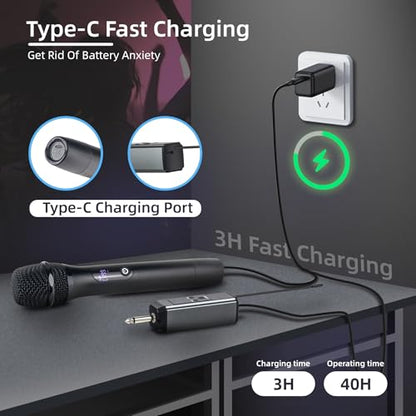 Wireless Microphones for Singing Karaoke, 500ft/150m Long Range Metal Dual Cordless Mic System with 99 Channels, 40H Battery, Professional Microfonos Inalambricos for DJ Party Church