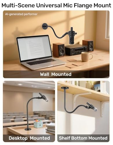 Gooseneck Mic Flange Mount with Anti-Slip Pad, 5/8 Male Thread, Metal Base | Compact Design for Church/Podium/Studio/Podcast/Lecture/Broadcast/Streaming, Sturdy Metal/Non-Slip Pad, With 5/8-3/8 Adapter