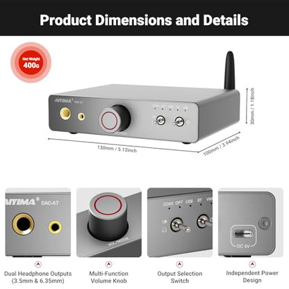 AIYIMA DAC A7 Bluetooth Desktop DAC Headphone Amplifier for Music,PC,Gaming | ESS ES9038Q2M DAC,QCC3084 Bluetooth,USB-C,Opt & Coax input with RCA,3.5mm and 6.35mm outputs for 16–600Ω headphone,PS5 & Xbox