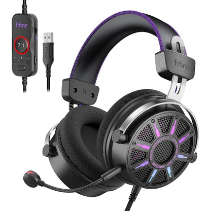 FIFINE Wired USB Gaming Headset with Open Back Design, Breathable Mesh Fabric, 7.1 Surround Sound, Vibrant RGB, in-line Control Box, Over-Ear Headphone with Mic for PC, PS5/PS4, Laptop, Mac - H19BP