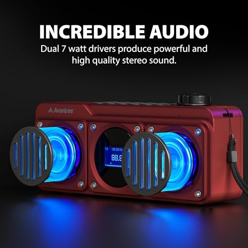 Avantree BoomByte - Portable FM Radio & Bluetooth Speaker with Stereo Sound | Long Rechargeable Playtime, Micro SD Card & USB Audio Input, MP3 Player, Metal Finish, Easy to Use, Red - color: Red