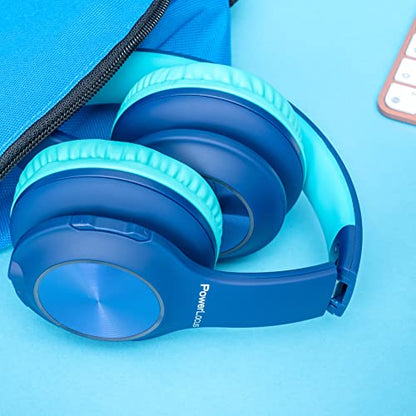 PowerLocus PLED Kids Bluetooth Headphones, Kids Wireless Headphones with LED Lights, 74/85/94dB Safe Volume, Micro SD, AUX Cable, Hi-Fi Stereo, Built-in Mic Over Ear Kid Headphone for Travel/Tablet/PC - color: Blue