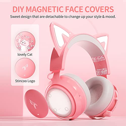 SOMIC Cat Ear Headphones, 2.4G/Bluetooth Wireless Gaming Headset for PS5, PS4, PC with RGB Lights and Retractable Mic, 10Hrs Playtime, 7.1 Surround Sound for Laptop, Smartphone-GS510 Pro - Pink - size: 2.4G+Bluetooth+Wired