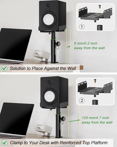 Vondynote Dual Side Clamp Desktop Studio Monitor Stands Against The Wall | Set of 2, 9"-14" Height Adjustable, Extendable Top Plate Mounted by Screws, Desktop Clamp