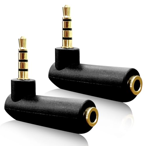 Right Angle 3.5mm TRRS Audio Adapter – 90° Gold-Plated Male to Female AUX Connector (2-Pack) for Headsets, MP3, Tablets, Controllers, and More