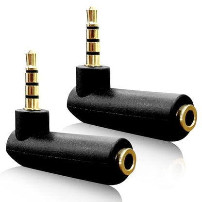 Right Angle 3.5mm TRRS Audio Adapter – 90° Gold-Plated Male to Female AUX Connector (2-Pack) for Headsets, MP3, Tablets, Controllers, and More